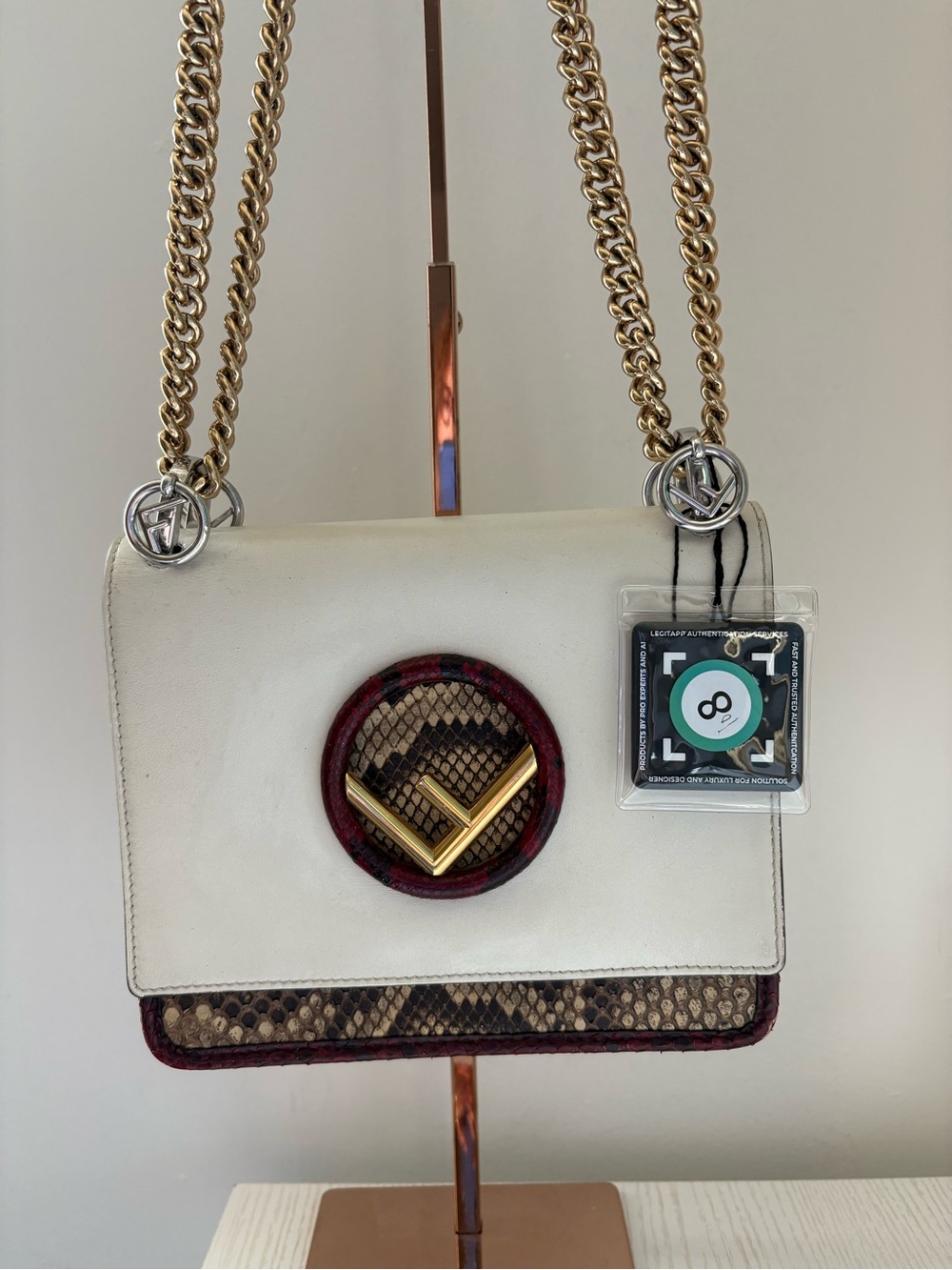 Fendi White and Snake-Print Crossbody with Gold Chain